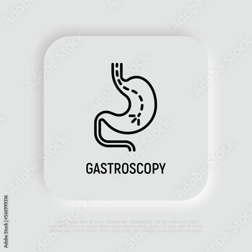 Gastroscopy thin line icon: endoscope in stomach. Medical test. Modern vector illustration.