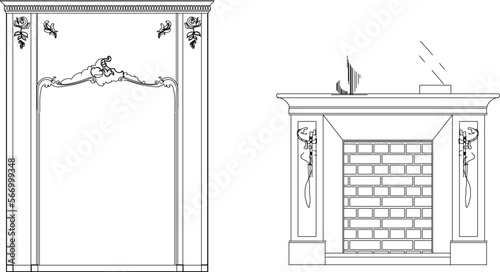 Wood burning fireplace vector sketch for classic heating