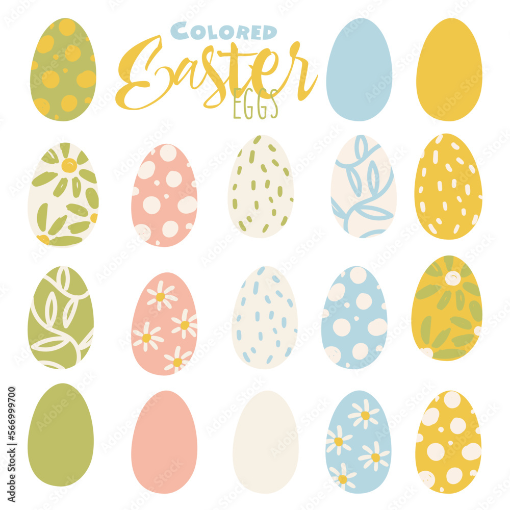 Easter eggs. A set of vector illustrations in the flat style with delicate colors. Colored, painted Easter eggs with different patterns in the colors yellow, blue, green, pink. Easter color scheme