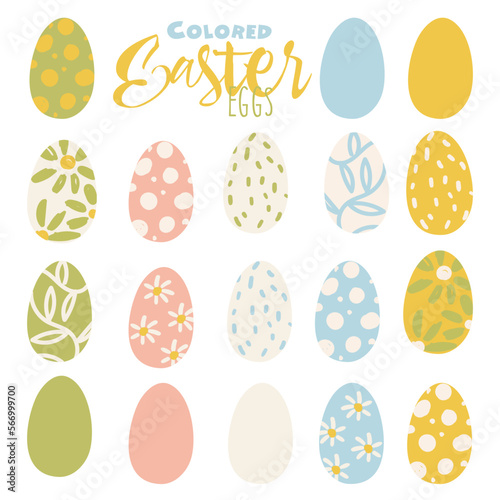Easter eggs. A set of vector illustrations in the flat style with delicate colors. Colored, painted Easter eggs with different patterns in the colors yellow, blue, green, pink. Easter color scheme