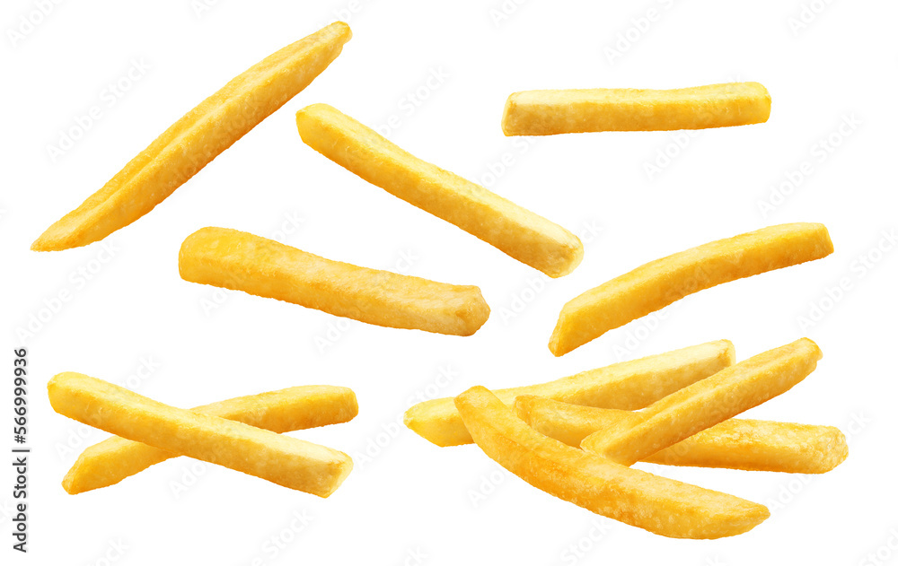 French fries isolated or flying french potato fries. PNG transparency  - obrazy, fototapety, plakaty 