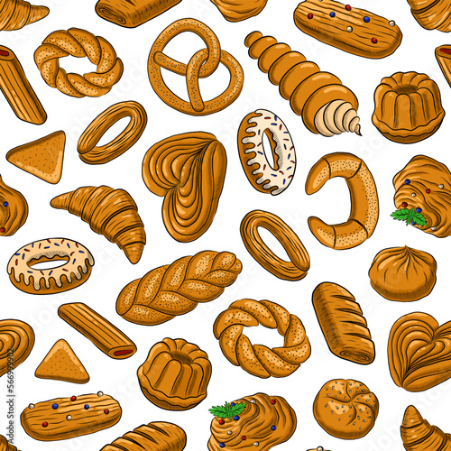 WHITE SEAMLESS VECTOR BACKGROUND WITH DELICIOUS SWEET PASTRIES