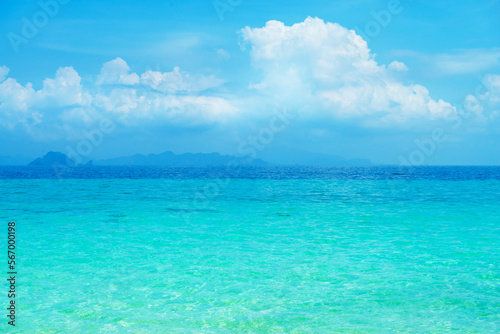 Idyllic view of the ocean and sky. Blue sea background. Phuket  Thailand. Traveling concept.