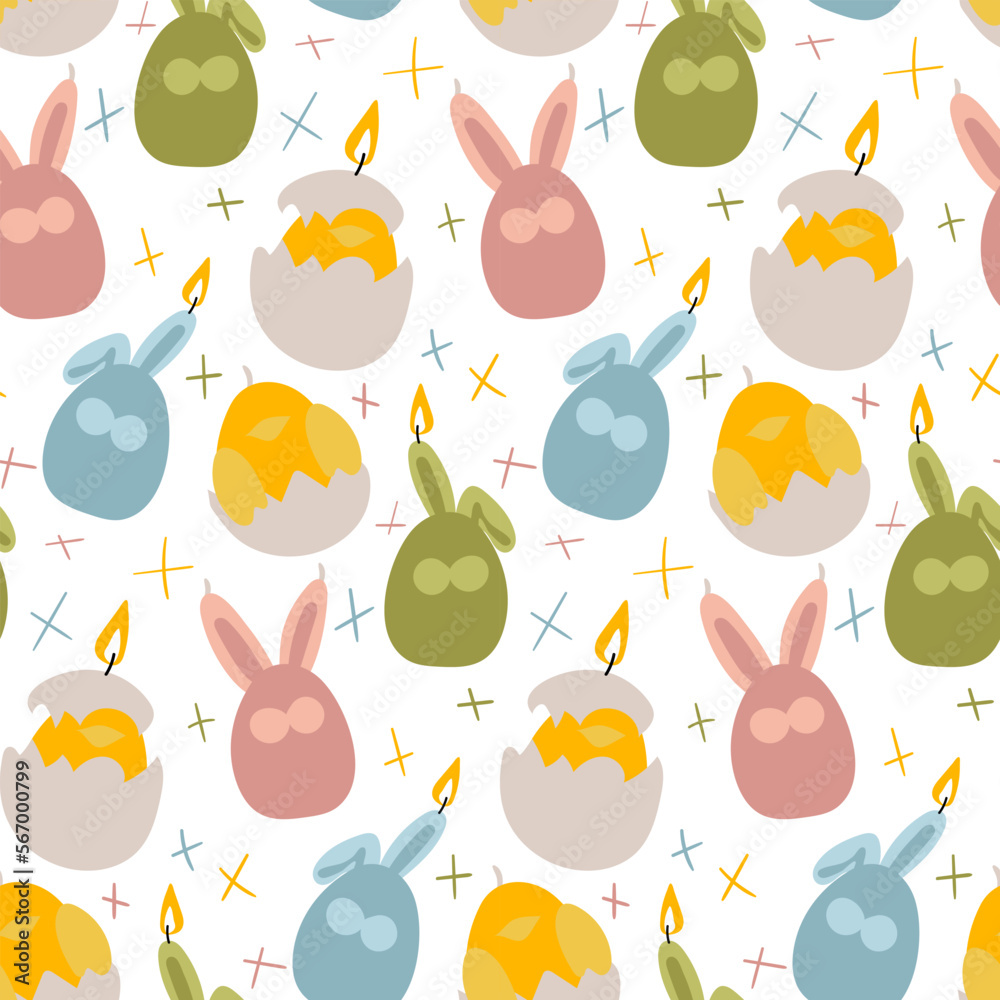 A pattern of Easter candles in the form of colored hares and chickens with shells in different colors. Wax candles with a wick on a white background. Easter candles. Print. Gift packaging A pattern of Easter candles in the form of colored hares and chickens with shells in different colors. Wax candles with a wick on a white background. Easter candles. Print. Gift packaging