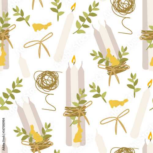 A pattern of decorative Easter candles with fire and decor for table decoration. A bunch of simple white candles with a tourniquet and a branch. Printing on textiles and paper. Gift packaging
