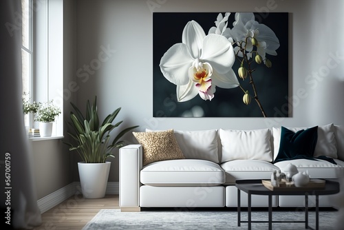 White living room with orchid in a frame  interior of a room