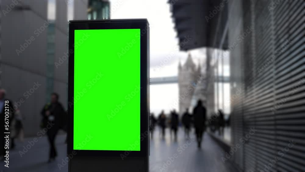 4K Large Green Screen Advertising Board - City Street scene showing high street and transport hub with billboard for targeted ads towards commuters and shoppers
