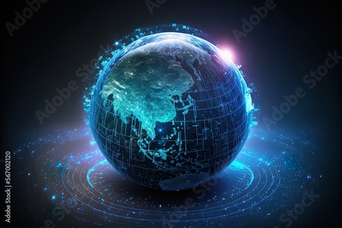 blue-toned, brightly lit, and technologically advanced holographic representation of a digital Earth. Generative AI