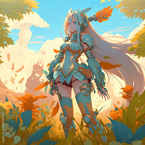 Anime illustration character in a magic forest.