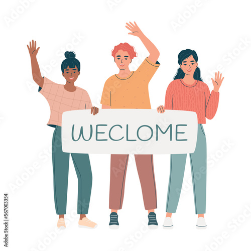 Three friendly young people with hands raised in greeting gesture holding welcome banner. Business team, new employee. The concept of invitations. Flat vector illustration