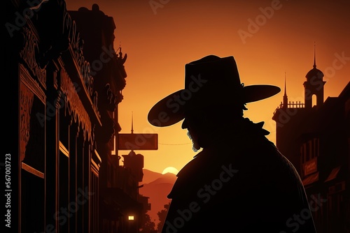 Old town western cowboy city with sunset background, old wooden buildings and mountains flat vector art illustrations generative ai