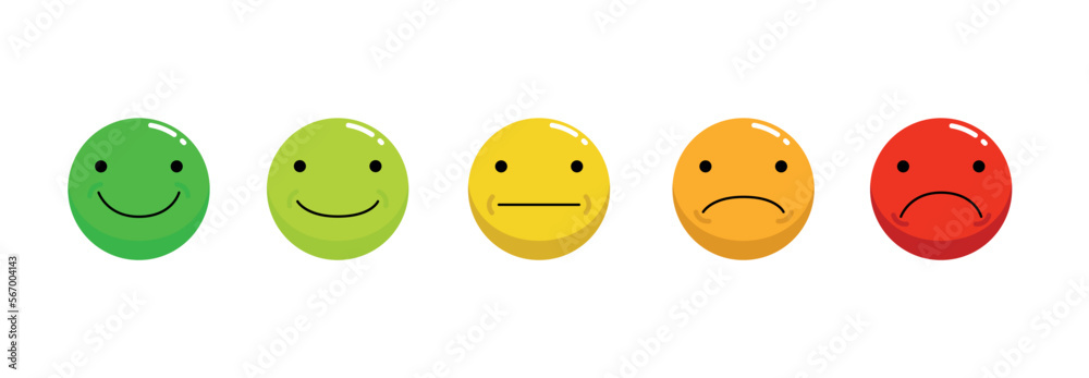 Emoticons icons set. Emoji faces collection. Emojis flat style. Happy, smile, neutral, sad and angry emoji. feedback rating emotion customer satisfaction rating