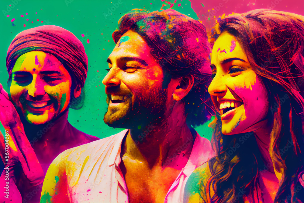 Fototapeta premium Group of people celebrating Holi holiday, folk festival of colors in Nepal and India. Symbolizes arrival of spring, the expulsion of evil and the rebirth of life. Generative AI abstract painting
