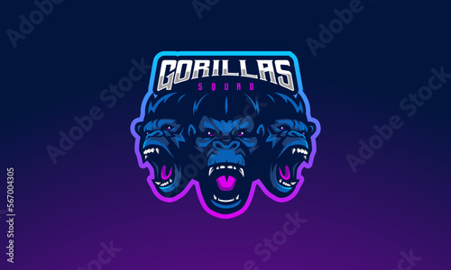 Gorilla esport gaming mascot logo design illustration. Three gorillas rampage for yours team squad