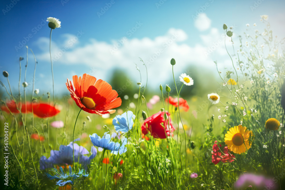 Blooming wild flowers in spring. Generative AI.