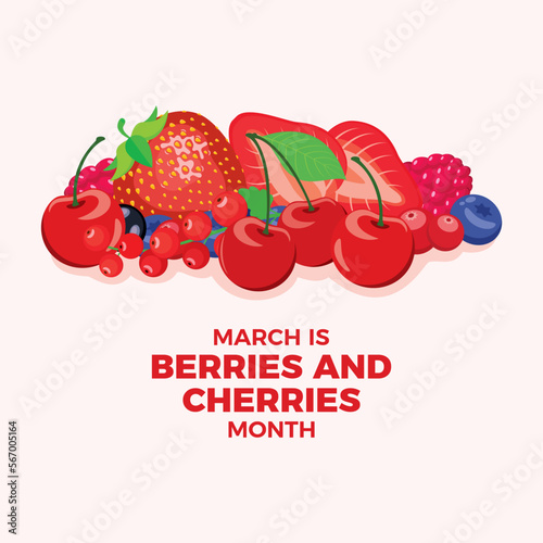 March is Berries and Cherries Month vector. Pile of different berries vector illustration. Cherries, strawberries, blueberries, red currants, cranberries icon set
