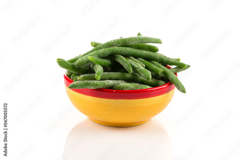 Frozen cut green beans vegetable in a bowl, isolated on white Frozen cut green beans vegetable in a bowl, isolated on white