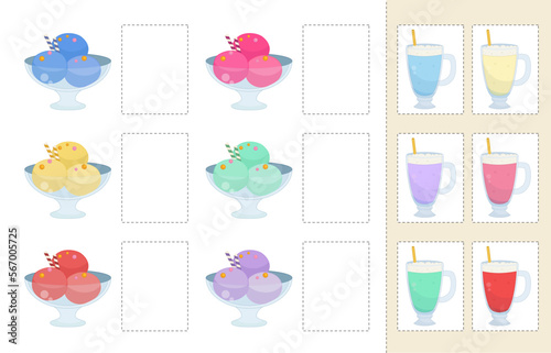 Matching children educational game. Cut out and glue the cards in the correct place. Activity for pre sсhool years kids and toddlers.
