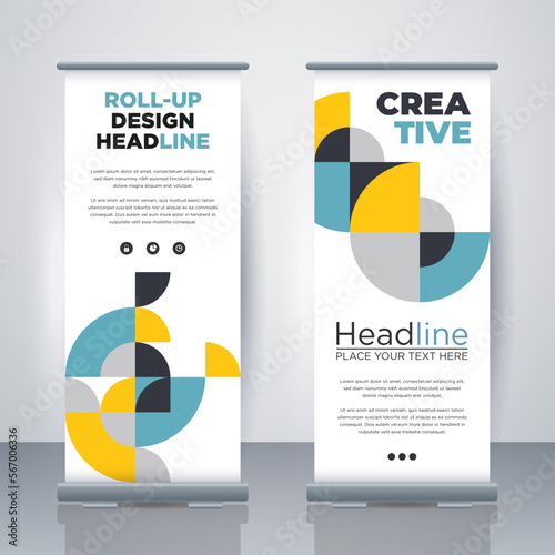 Geometric Business Roll Up. Standee Design. Banner Template. Presentation and Brochure. Geometric x-banner and flag-banner advertising. Vector illustration.