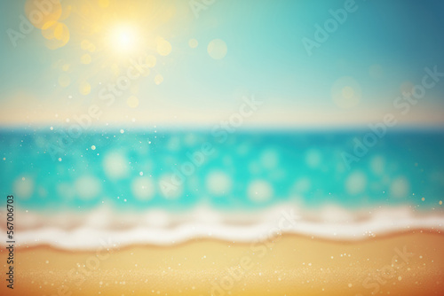 Natural defocused background with blur for the idea of a summer vacation. Natural summer beach in a tropical region with sun and haze. Blue sky, sparkling ocean, and light sand beach. Generative AI