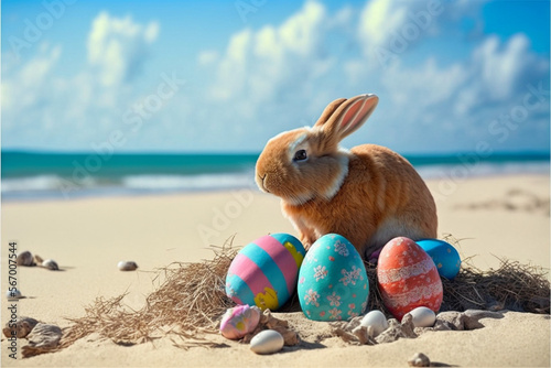 Easter bunny with eggs on the beach, Generative AI