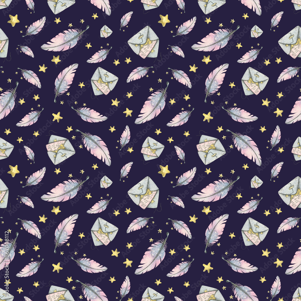Magic letters for Santa Claus with feathers and stars on a dark background. Watercolor illustration. Seamless pattern from the MAGICAL OWLS collection. For the decoration of winter and Christmas. Magic letters for Santa Claus with feathers and stars on a dark background. Watercolor illustration. Seamless pattern from the MAGICAL OWLS collection. For the decoration of winter and Christmas.