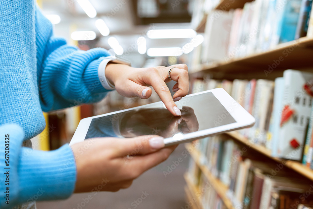 Student, tablet screen and library bookshelf of a woman at an education and knowledge center. University, college and study building with a person with technology looking at social media app Student, tablet screen and library bookshelf of a woman at an education and knowledge center. University, college and study building with a person with technology looking at social media app