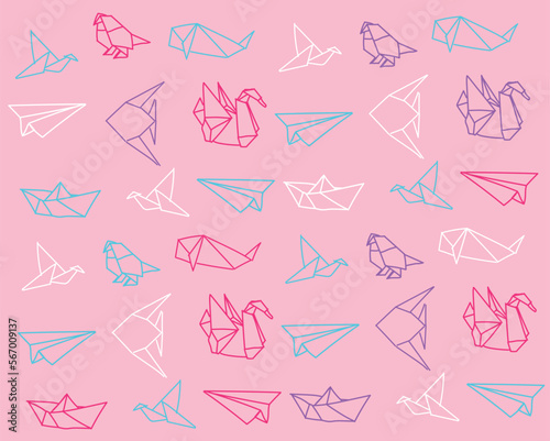 Origami Bird pattern Sketch vector. Japanese art origami, hand drawing vector illustration.