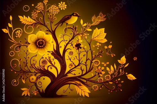 Artistic tree with birds and flowers in brown-yellow colors on a dark background, AI-generated