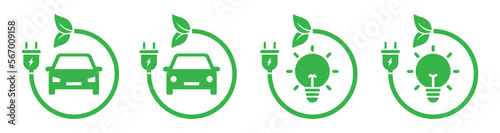Eco energy icon. Car eco electric icon. Bulb eco electric icon, vector illustration