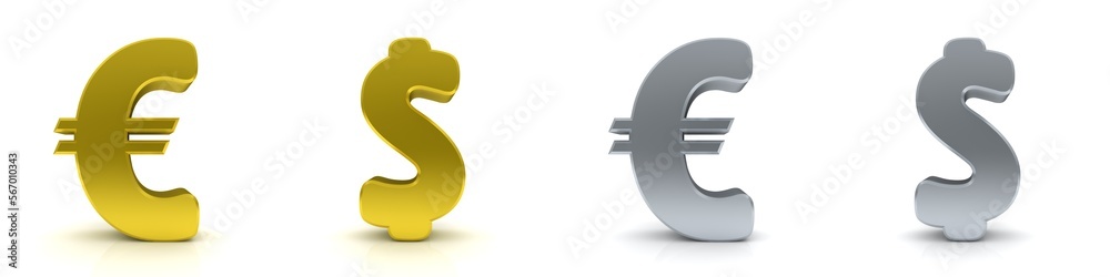 Euro Dollar signs golden silver colored € $ currency symbols 3d rendering graphic isolated on white Euro Dollar signs golden silver colored € $ currency symbols 3d rendering graphic isolated on white