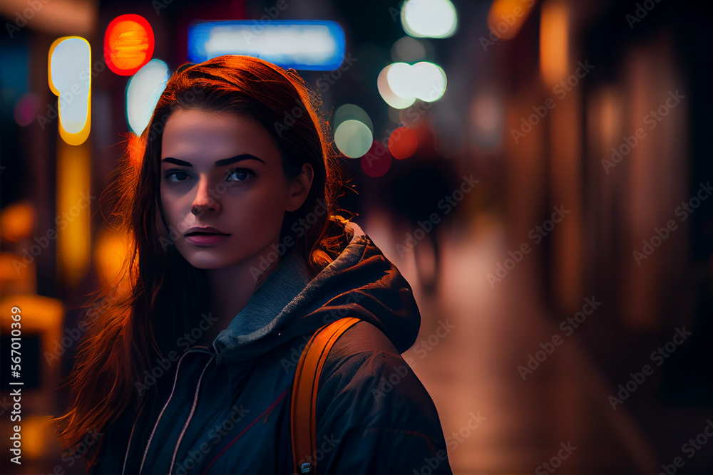 Young woman walks through the city at night. Created with Generative AI technology Young woman walks through the city at night. Created with Generative AI technology