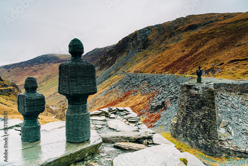 Honister Pass through the mountain and past the slate mine and statues. In the Lake District.