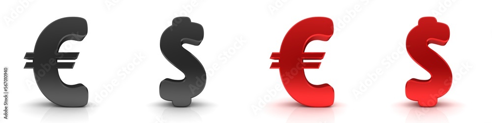 Euro Dollar signs € $ symbols black red 3d rendering illustration graphic isolated on white