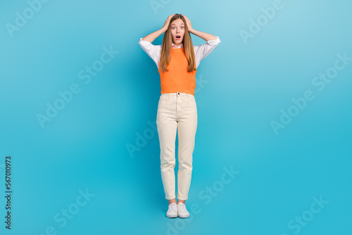 Fototapeta Full length photo of afraid scared stressed depressed lady open mouth shocked in