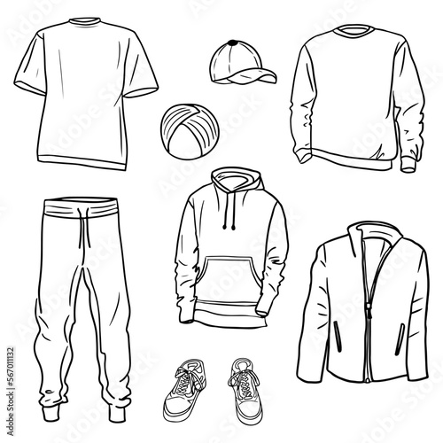 Hand drawn set of men s sportswear sketches. Hoodie, sweatshirt, joggers, t shirts, sport coat, snakers, cap and turban. Vector isolated outline sketch collection on white background