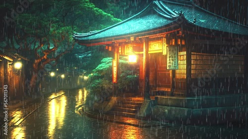 雨の日の神社 夜の神社 和風 梅雨 ループ シームレス