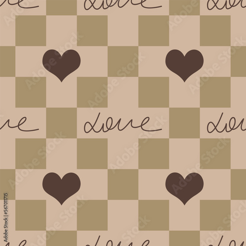 Abstract Hand Writing Love Text and Hearts Seamless Vector Pattern Isolated Checkered Background