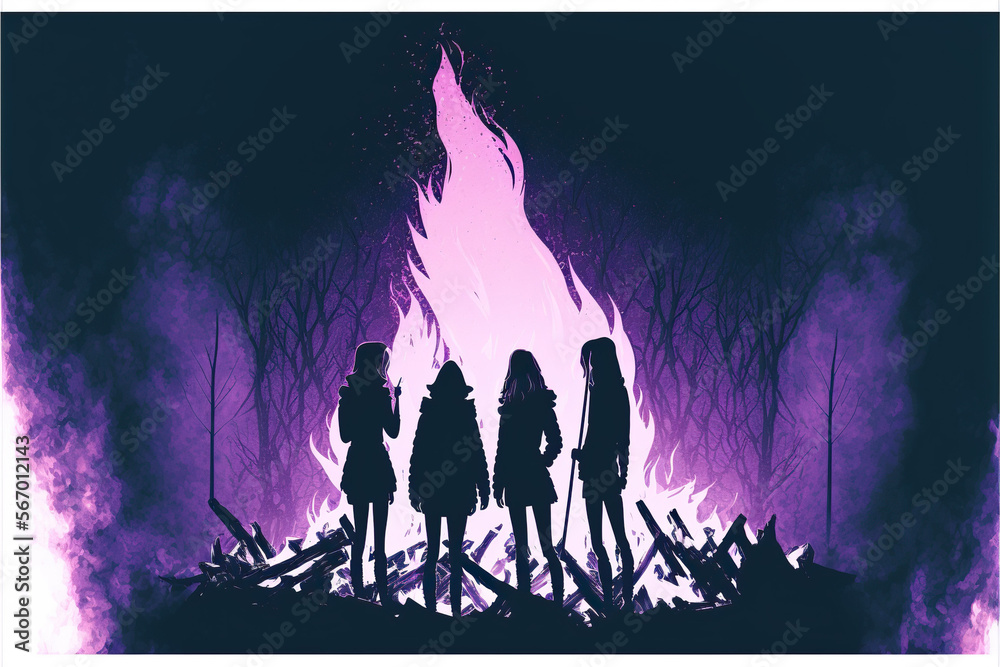 Illustration of women gathered by campfire in vibrant purple. concept of feminism, support and gender equality. pastel colours. Space for text. Illustration of women gathered by campfire in vibrant purple. concept of feminism, support and gender equality. pastel colours. Space for text.