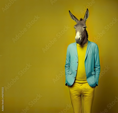 Stampa su tela Abstract funny animal portrait of a donkey dressed as a man, a businessman, standing and posing as a model on a vintage background