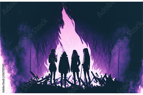 Illustration of women gathered by campfire in vibrant purple. concept of feminism, support and gender equality. pastel colours. Space for text.