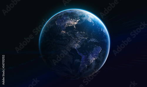 Blue planet Earth at night. Earth in deep black space. America continent. Elements of this image furnished by NASA
