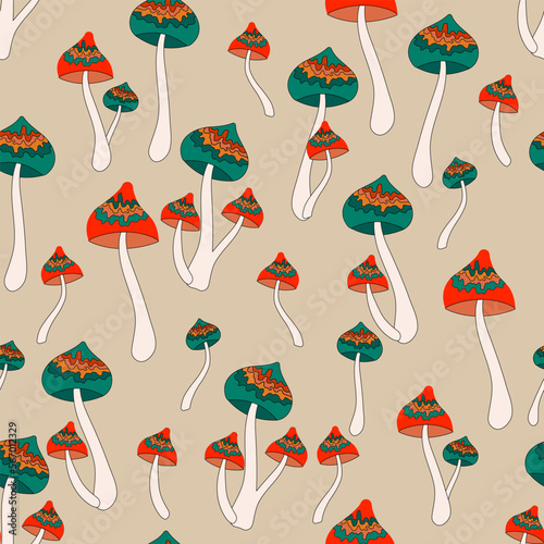 Seamless pattern retro 70s hippie psychedelic groove elements background with mushroom in vintage style illustration 