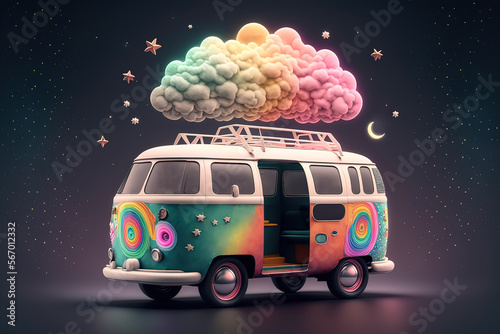 Fotografija kawaii hippy retro campervan in swirling cosmic dust clouds stars planets in black background