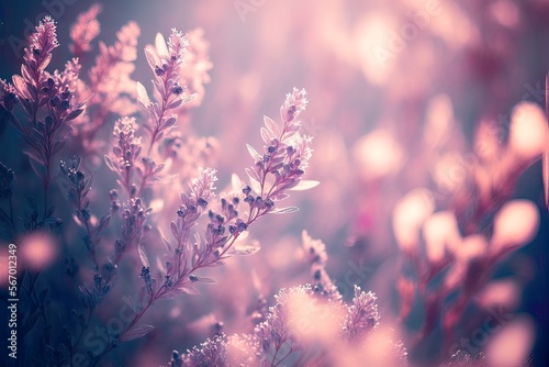 Abstract neon purple close up bouquet of fresh spring flowers and leaves as a symbol of love. Fog and morning dew. Gentle cyber branch. Futuristic lights. Illustration. Generative AI. © Uncanny Valley