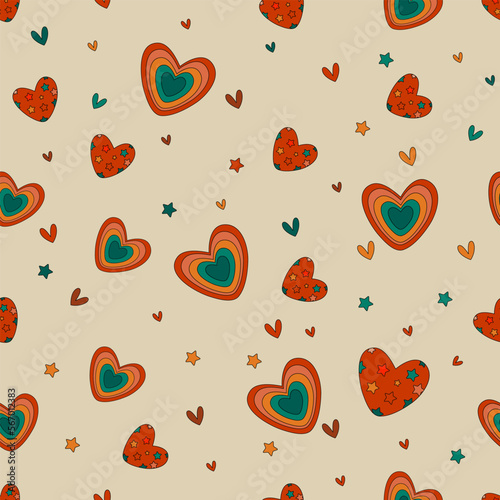Vector seamless pattern retro 70s hippie psychedelic groove elements background with colorful heart in vintage style