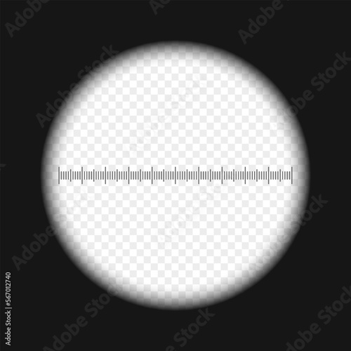 Monocular, telescope or periscope view with scale and transparent background. Spy, sniper, hunter or tourist optical instrument for following, searching, magnifying, exploration. Vector illustration