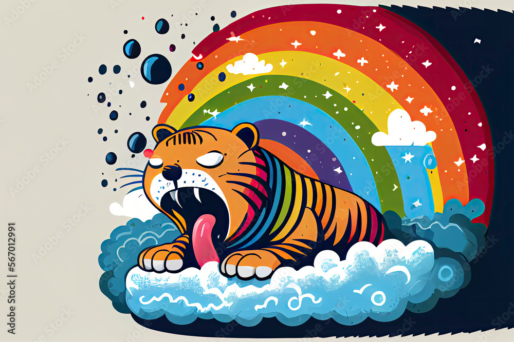 cartoon of a bored tiger yawning with a rainbow coming out of it's mouth