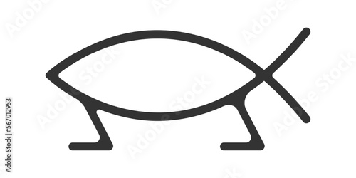 Darwin fish symbol isolated. Ichthys sign variation. Jesus fish parody on white background. Evolutionary creation concept. Vector graphic illustration.
