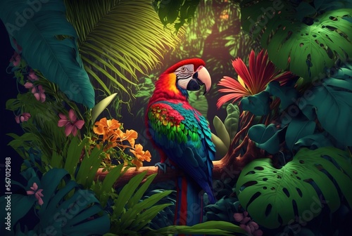 Macaw parrot in the jungle, Generative AI